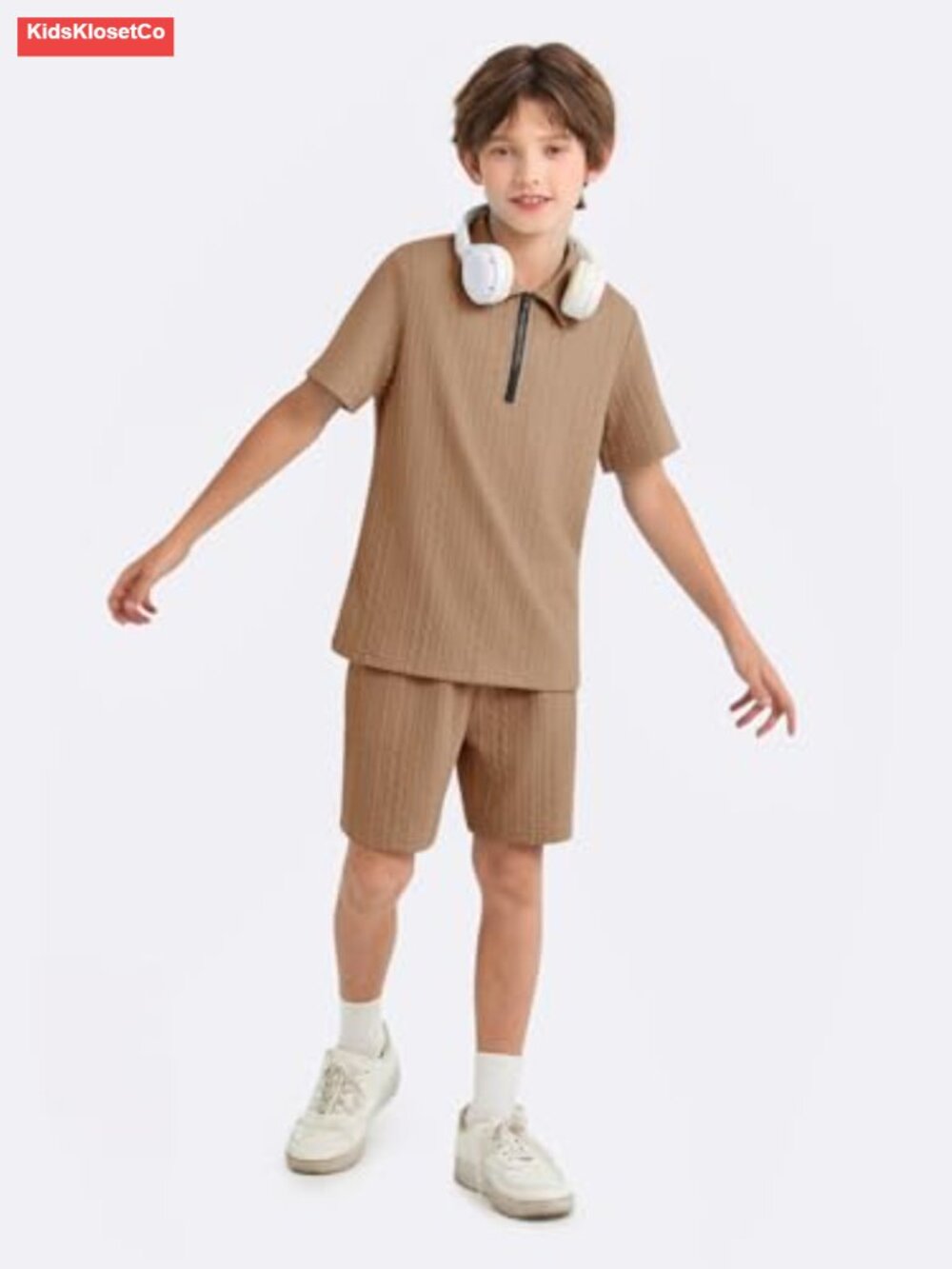 Boys 2-Piece Summer Outfit Quarter Zip Polo Shirt & Shorts Set Athletic - Picture 2 of 6